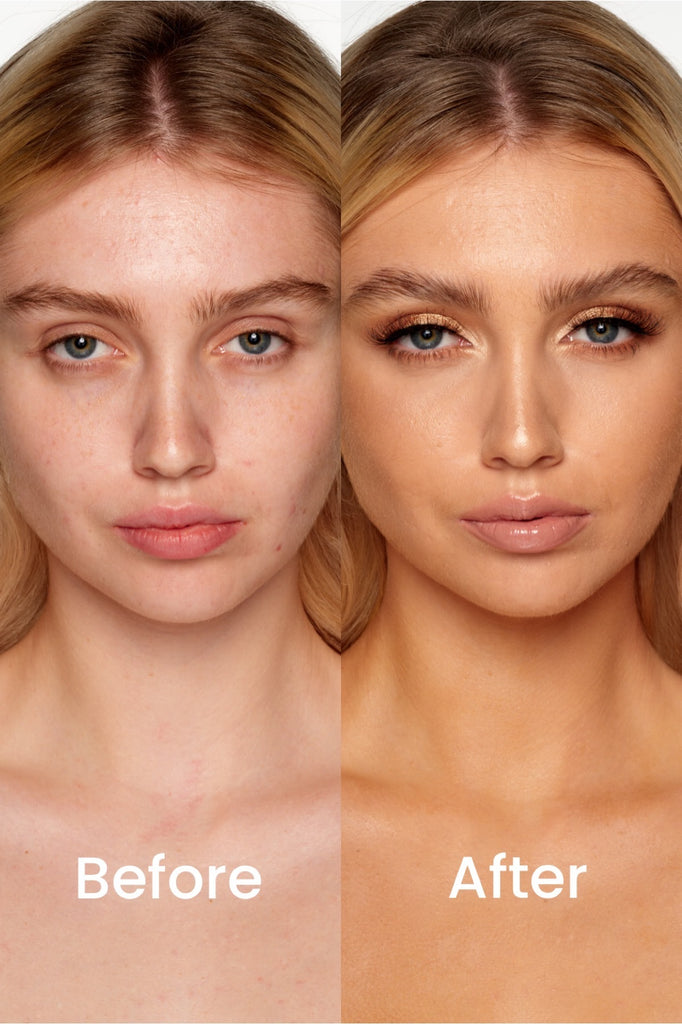 Side-by-side comparison of a woman with natural skin and makeup. The left image displays her bare face with minimal makeup and slight blemishes. On the right, she showcases a sun-kissed look using Peaches and Cream's Sun Tint, highlighting enhanced features and a smooth complexion.