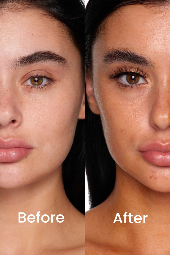 Close-up of a woman's face before and after makeup application. The left side shows her natural look, while the right side highlights enhanced features using Peaches and Cream's Sun Tint, including fuller eyebrows, defined eyes, smoother skin, and a sun-kissed appearance achieved with this bronzing gel.